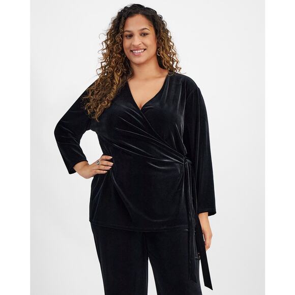Anne Klein Black Velour Velvet Wrap Top Plus Size 0X Whimsigoth Dark Romance $89 - Picture 5 of 10